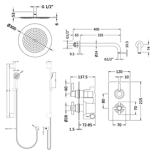 Delphi Axiom Lever Chrome Dual Concealed Shower Set with Large Drencher Head and Slide Rail Kit  | Dimension Image