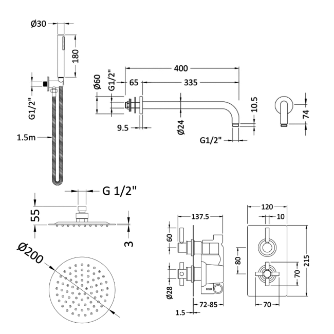 Delphi Axiom Lever Matt Black Dual Concealed Shower Set with Fixed Head and Handset  | Dimension Image
