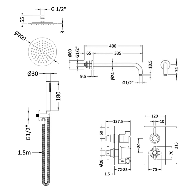 Delphi Axiom Lever Brushed Brass Dual Concealed Shower Set with Fixed Head and Handset  | Dimension Image