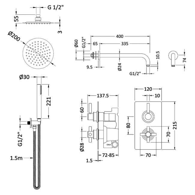 Delphi Axiom Lever Chrome Dual Concealed Shower Set with Fixed Head and Handset  | Dimension Image