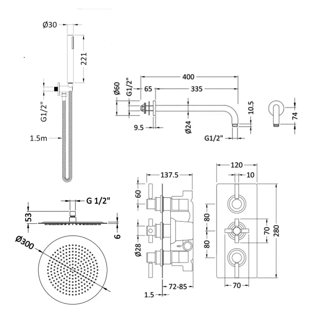 Delphi Axiom Lever Chrome Triple Concealed Shower Set with Large Drencher Head and Handset  | Dimension Image