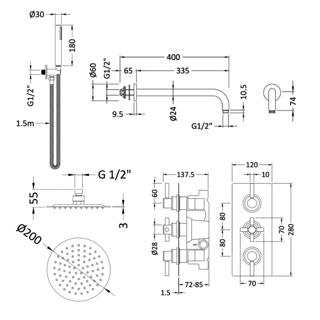 Delphi Axiom Lever Matt Black Triple Concealed Shower Set with Fixed Head and Handset  | Dimension Image