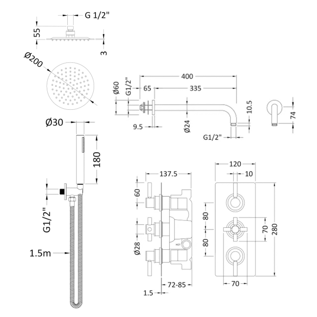 Delphi Axiom Lever Brushed Brass Triple Concealed Shower Set with Fixed Head and Handset  | Dimension Image
