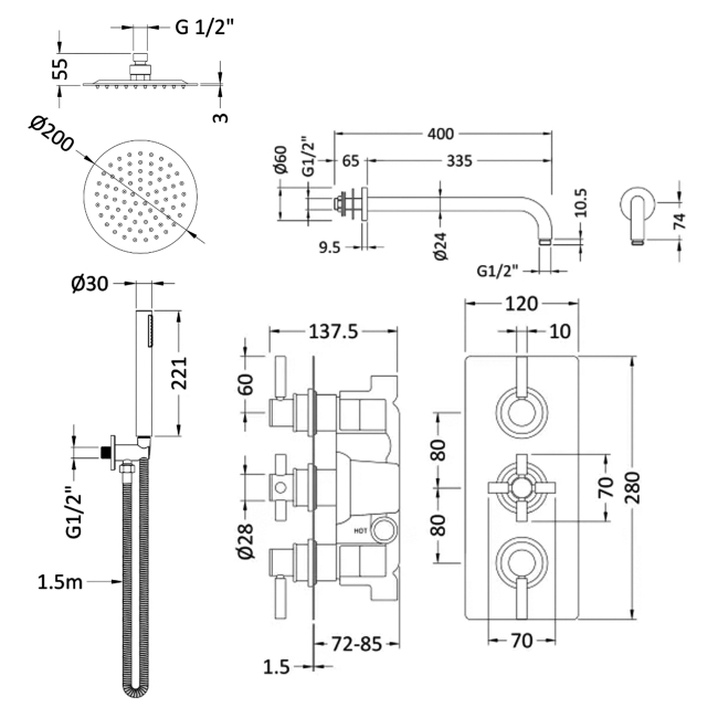 Delphi Axiom Lever Chrome Triple Concealed Shower Set with Fixed Head and Handset  | Dimension Image