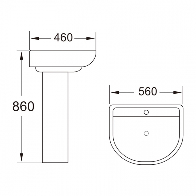 Delphi Bayeux2 Basin and Full Pedestal 560mm Wide - 1 Tap Hole