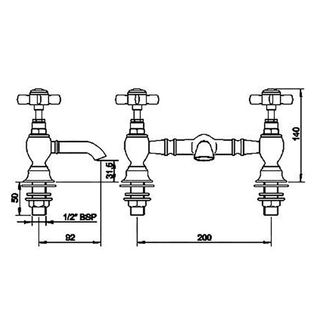 Delphi Belgravia Chrome Luxury Bridge 2-Hole Basin Mixer Tap  | Dimension Image