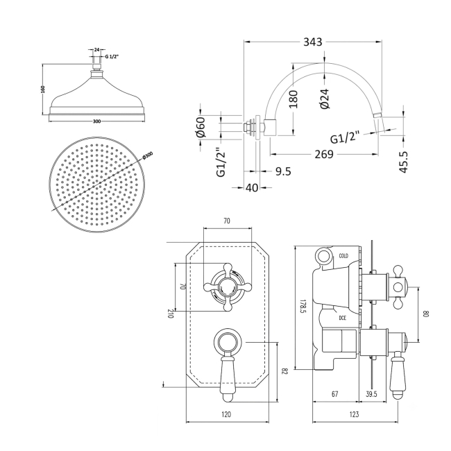 Delphi Belgravia Chrome Dual Concealed Shower Set with Large Drencher Head  | Dimension Image