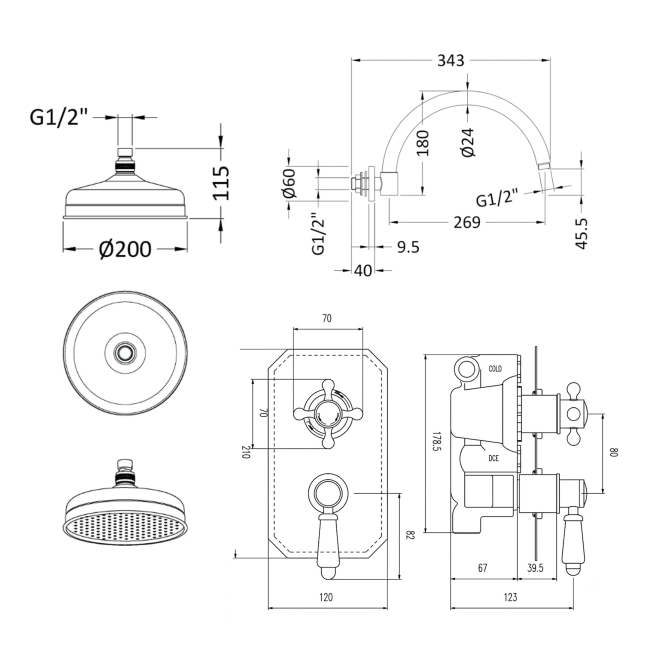 Delphi Belgravia Chrome Dual Concealed Shower Set with Fixed Head  | Dimension Image