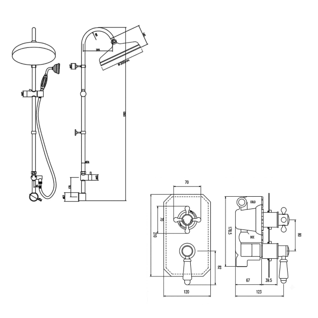 Delphi Belgravia Chrome Dual Concealed Shower Set with Rigid Riser Kit  | Dimension Image