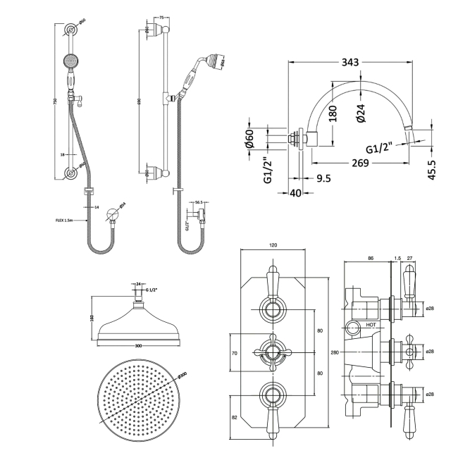 Delphi Belgravia Chrome Triple Concealed Shower Set with Large Drencher Head and Slide Rail Kit  | Dimension Image