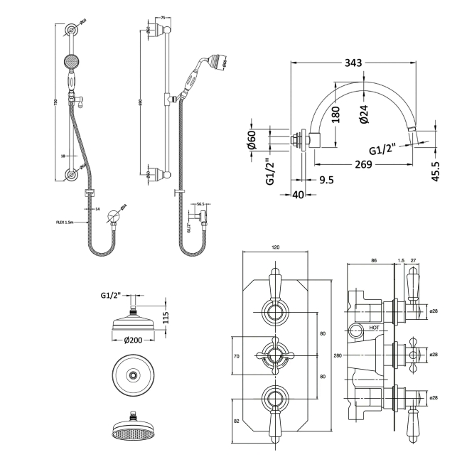 Delphi Belgravia Chrome Triple Concealed Shower Set with Fixed Head and Slide Rail Kit  | Dimension Image