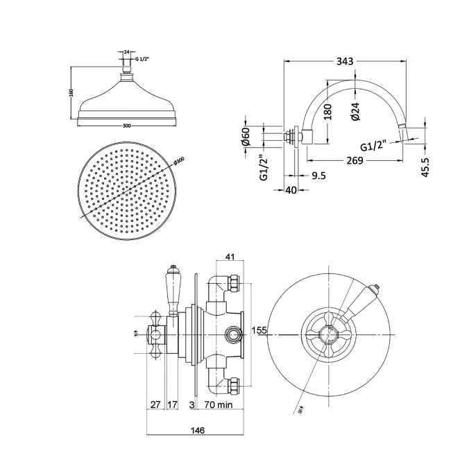 Delphi Belgravia Chrome Dual Concentric Concealed Shower Set with Large Drencher Head  | Dimension Image
