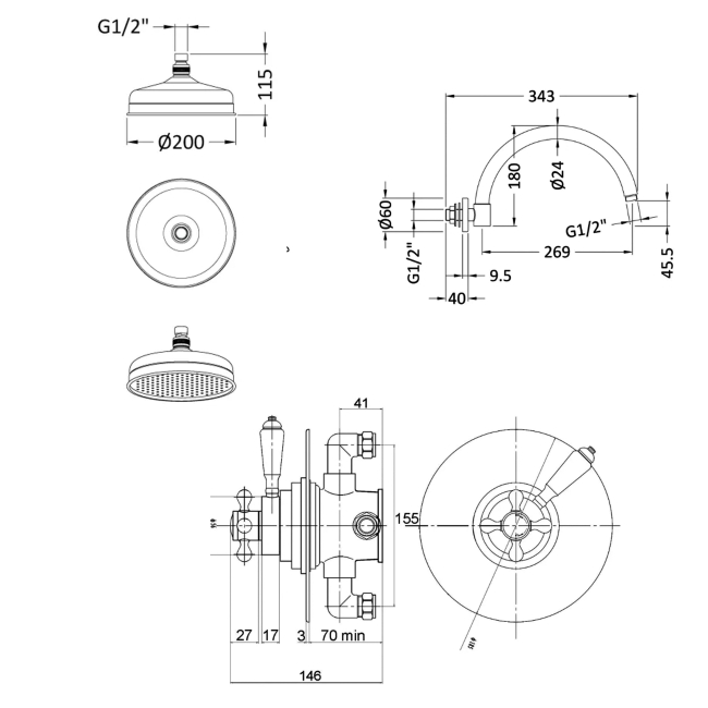 Delphi Belgravia Chrome Dual Concentric Concealed Shower Set with Fixed Head  | Dimension Image