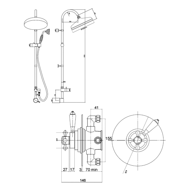 Delphi Belgravia Chrome Dual Concentric Concealed Shower Set with Rigid Riser Kit  | Dimension Image
