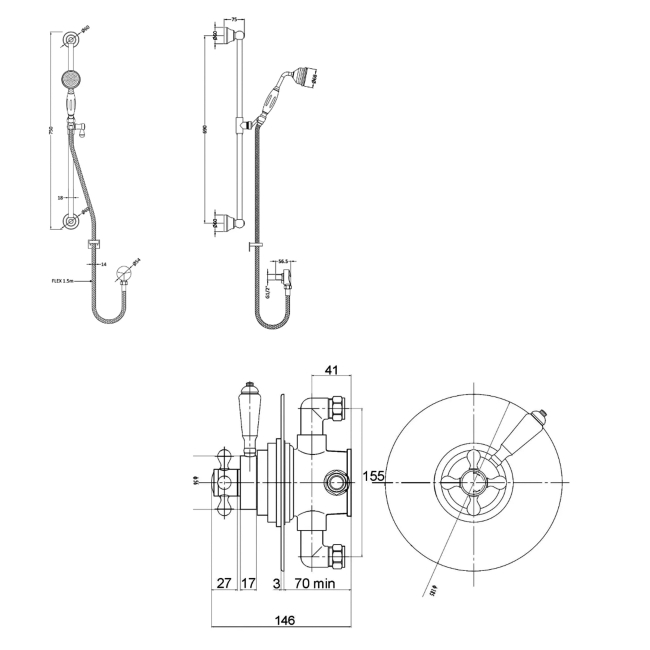 Delphi Belgravia Chrome Dual Concentric Concealed Shower Set with Slide Rail Kit  | Dimension Image