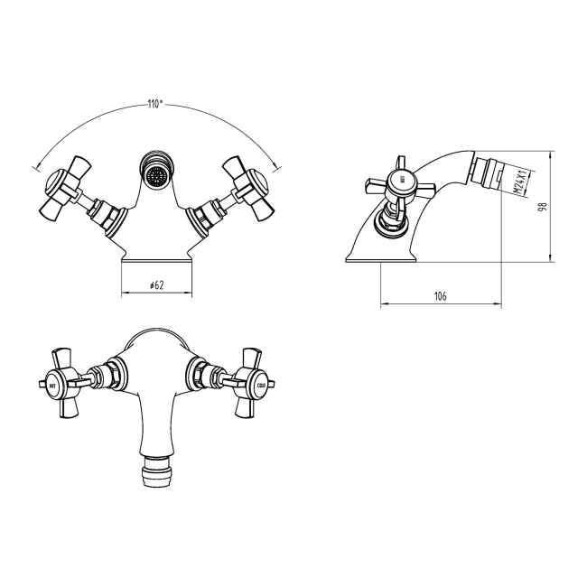 Delphi Belgravia Brushed Brass Luxury Mono Bidet Mixer Tap with Pop-Up Waste  | Dimension Image