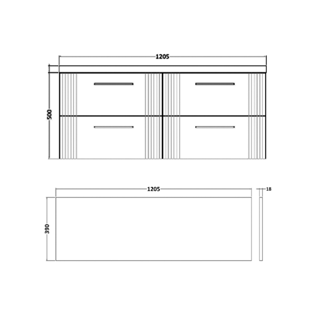 Delphi Bentley Blue 1200mm 4-Drawer Wall Hung Countertop Vanity Unit  | Dimension Image