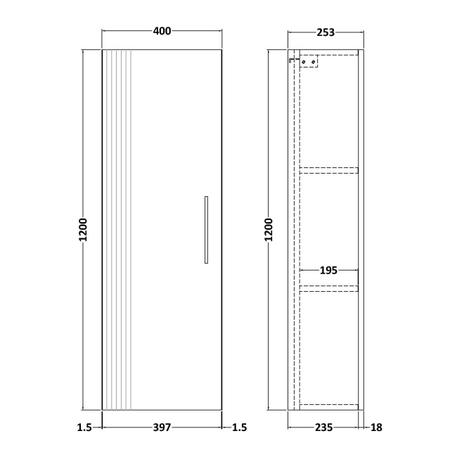 Delphi Bentley Soft Black 400mm 1-Door Wall Hung Tall Unit  | Dimension Image