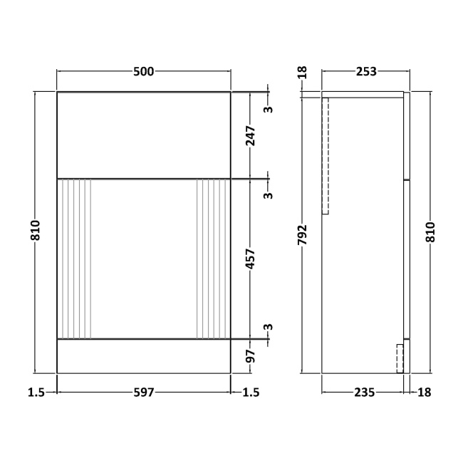Delphi Bentley Soft Black 500mm Back to Wall Toilet WC Unit  | Dimension Image