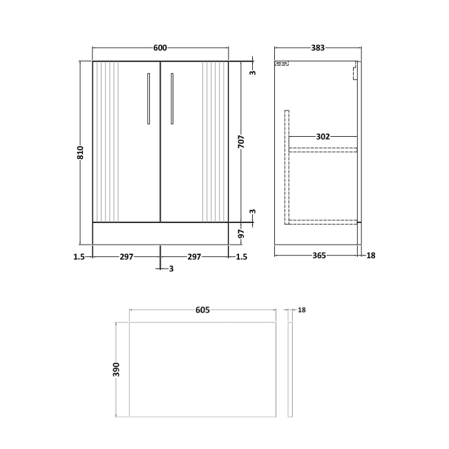 Delphi Bentley Blue 600mm 2-Door Floor Standing Countertop Vanity Unit  | Dimension Image