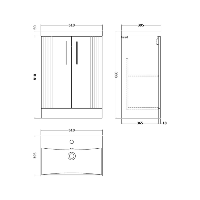 Delphi Bentley White 600mm 2-Door Floor Standing Vanity Unit (inc Basin)  | Dimension Image