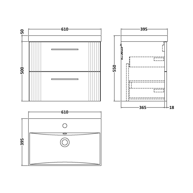 Delphi Bentley White 600mm 2-Drawer Wall Hung Vanity Unit (inc Basin)  | Dimension Image