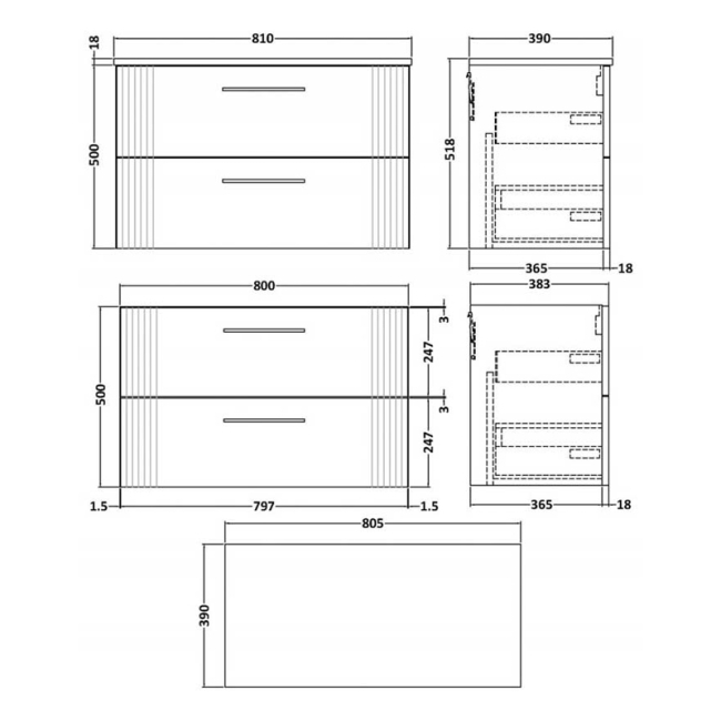 Delphi Bentley Blue 800mm 2-Drawer Wall Hung Countertop Vanity Unit  | Dimension Image