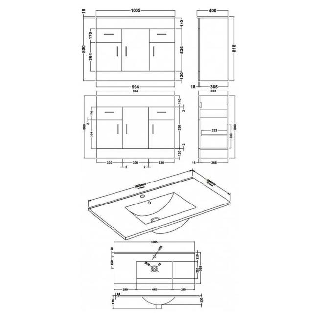 Delphi Berg Gloss White 1000mm 3-Door and 2-Drawer Floor Standing Vanity Unit (inc Basin)  | Dimension Image