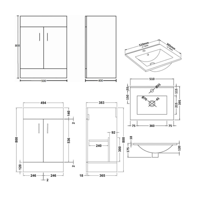 Delphi Berg Gloss White 500mm 2-Door Floor Standing Vanity Unit (inc Basin)  | Dimension Image