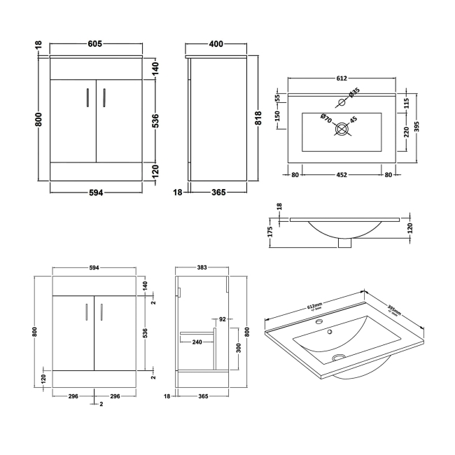 Delphi Berg Gloss White 600mm 2-Door Floor Standing Vanity Unit (inc Basin)  | Dimension Image