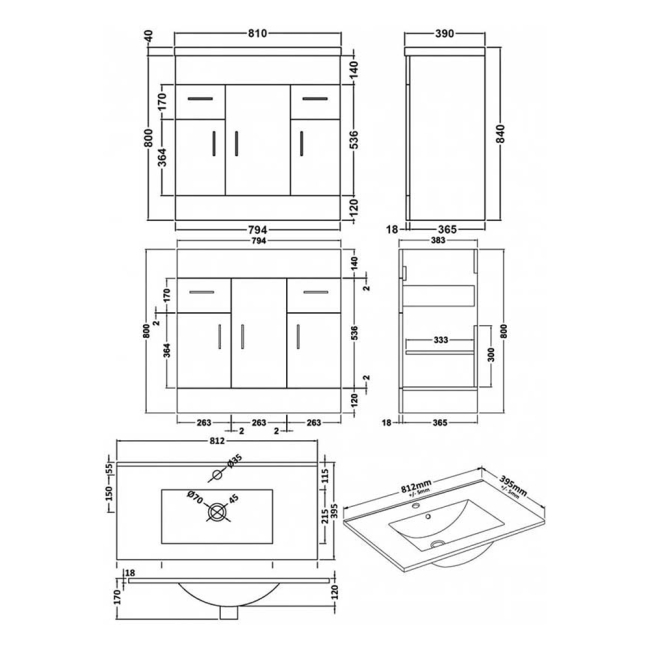 Delphi Berg Gloss White 800mm 3-Door and 2-Drawer Floor Standing Vanity Unit (inc Basin)  | Dimension Image