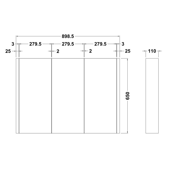 Delphi Berg Gloss White 900mm 3-Door Mirrored Bathroom Cabinet  | Dimension Image