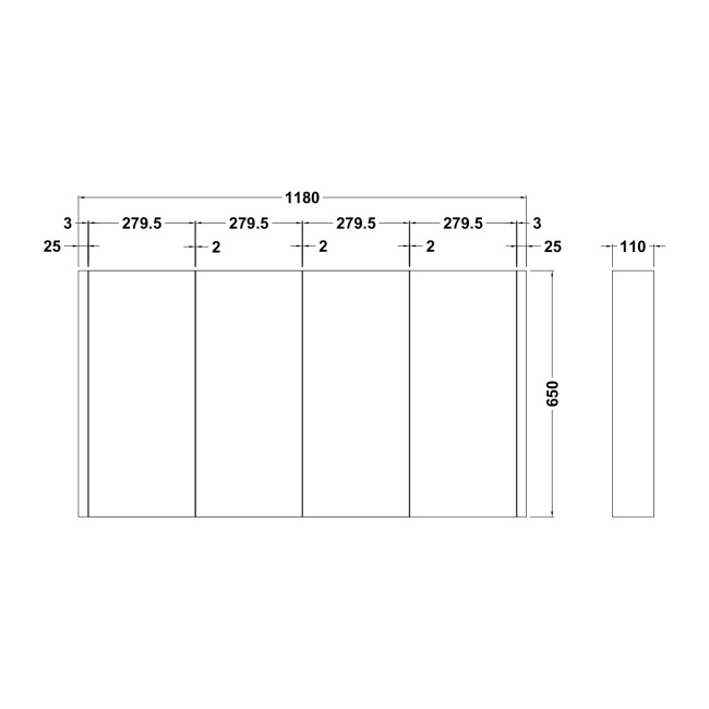 Delphi Berg Gloss White 1200mm 4-Door Mirrored Bathroom Cabinet  | Dimension Image