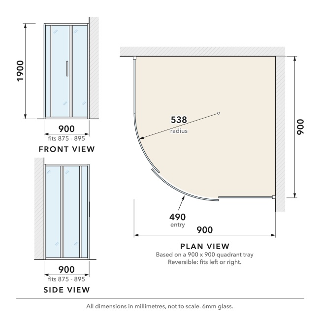 Delphi Calibre Brushed Brass 6mm 1-Door Quadrant Shower Enclosure 900mm x 900mm  | Dimension Image