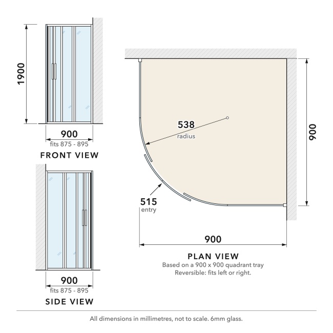 Delphi Calibre Chrome 6mm 2-Door Quadrant Shower Enclosure 900mm x 900mm  | Dimension Image