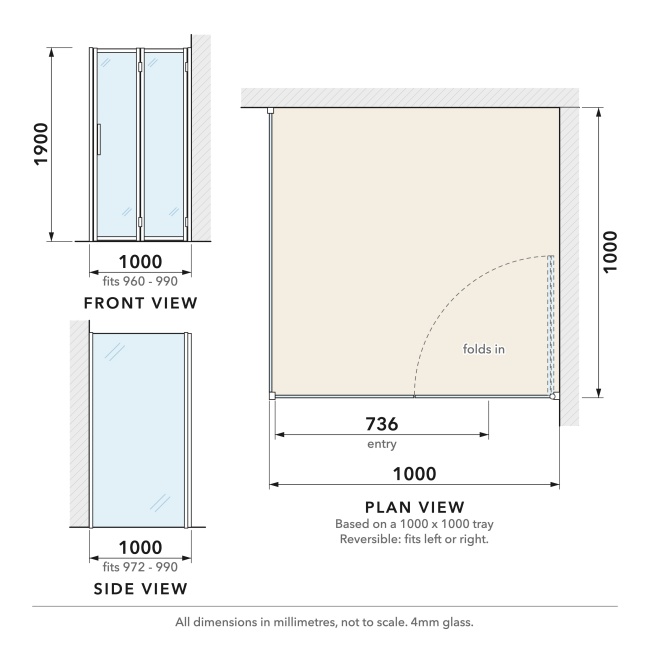 Delphi Calibre Chrome 4mm Bi-Fold Door Shower Enclosure 1000mm x 1000mm  | Dimension Image