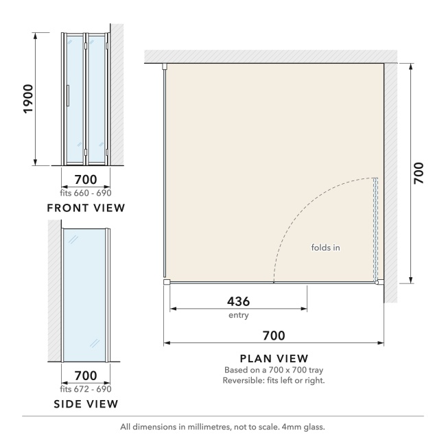 Delphi Calibre Matt Black 4mm Bi-Fold Door Shower Enclosure 700mm x 700mm  | Dimension Image