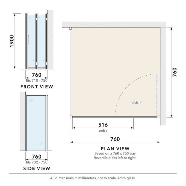 Delphi Calibre Chrome 4mm Bi-Fold Door Shower Enclosure 760mm x 760mm  | Dimension Image