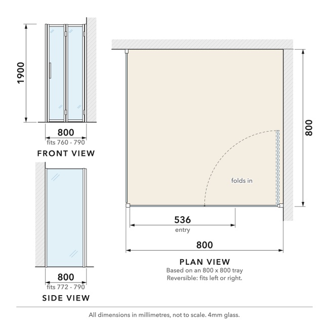Delphi Calibre Chrome 4mm Bi-Fold Door Shower Enclosure 800mm x 800mm  | Dimension Image