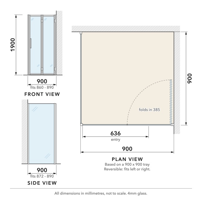 Delphi Calibre Chrome 4mm Bi-Fold Door Shower Enclosure 900mm x 900mm  | Dimension Image