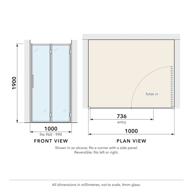Delphi Calibre Chrome 4mm Bi-Fold Shower Door 1000mm Wide  | Dimension Image