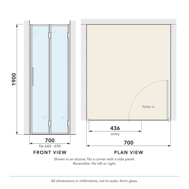 Delphi Calibre Matt Black 4mm Bi-Fold Shower Door 700mm Wide  | Dimension Image