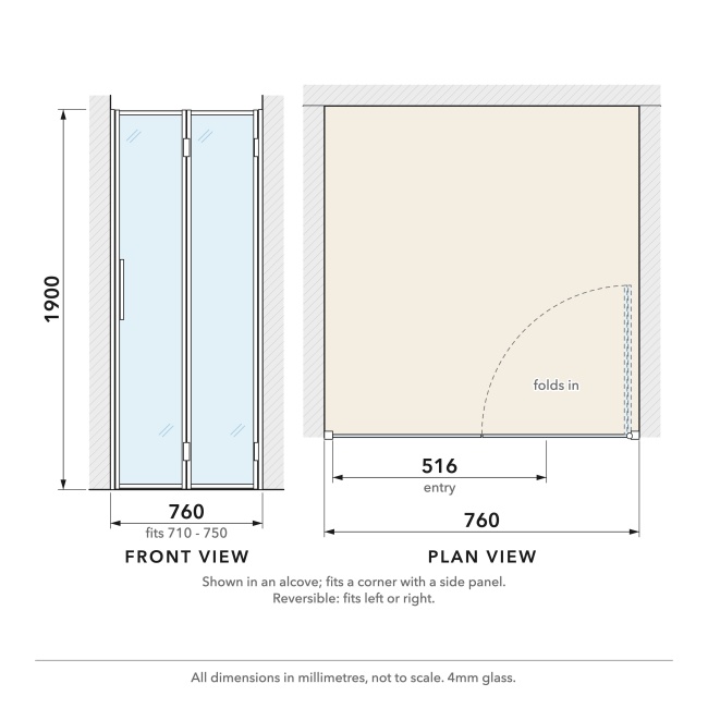 Delphi Calibre Chrome 4mm Bi-Fold Shower Door 760mm Wide  | Dimension Image
