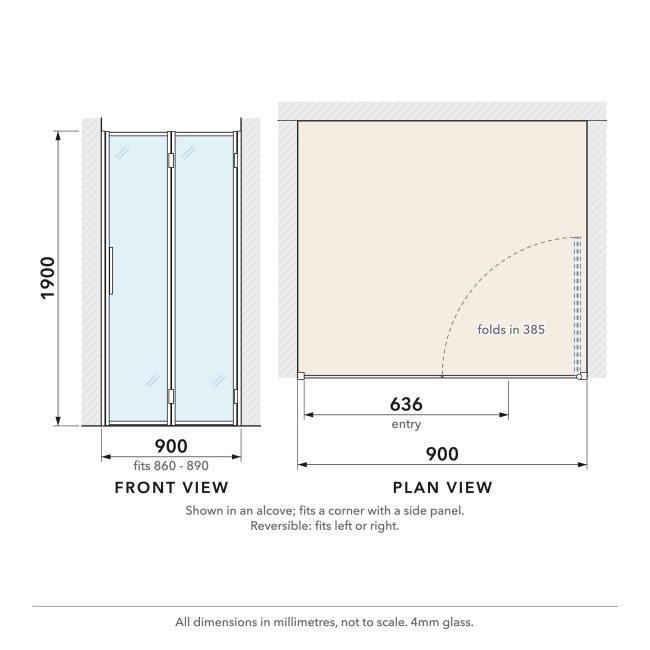 Delphi Calibre Chrome 4mm Bi-Fold Shower Door 900mm Wide  | Dimension Image