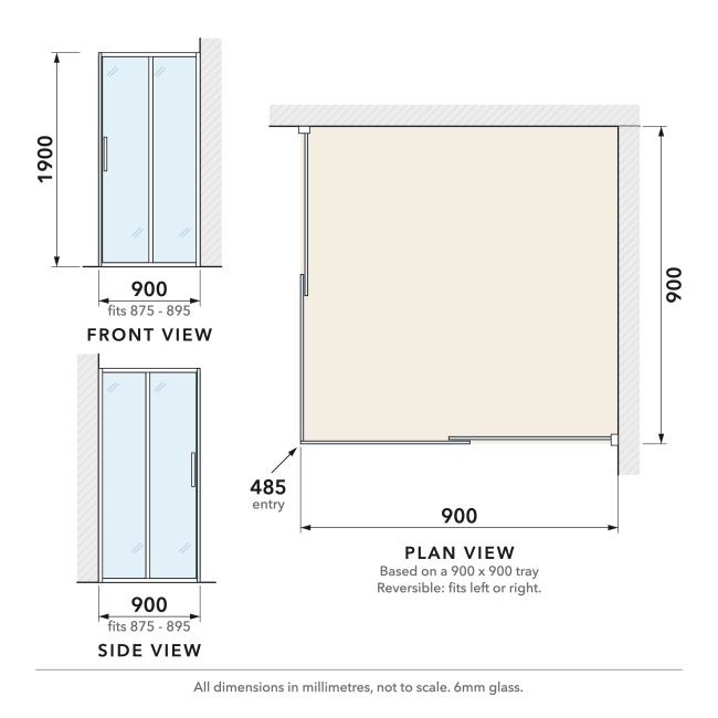 Delphi Calibre Chrome 6mm Corner Entry Shower Enclosure 900mm x 900mm  | Dimension Image