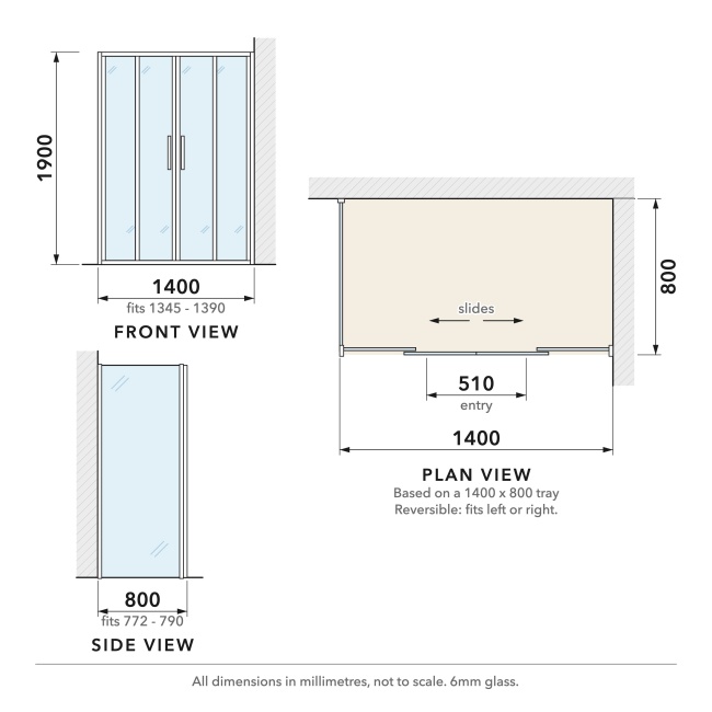 Delphi Calibre Chrome 6mm Double Sliding Door Shower Enclosure 1400mm x 800mm  | Dimension Image