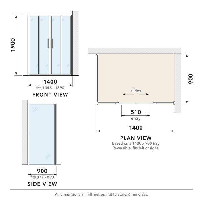 Delphi Calibre Chrome 6mm Double Sliding Door Shower Enclosure 1400mm x 900mm  | Dimension Image