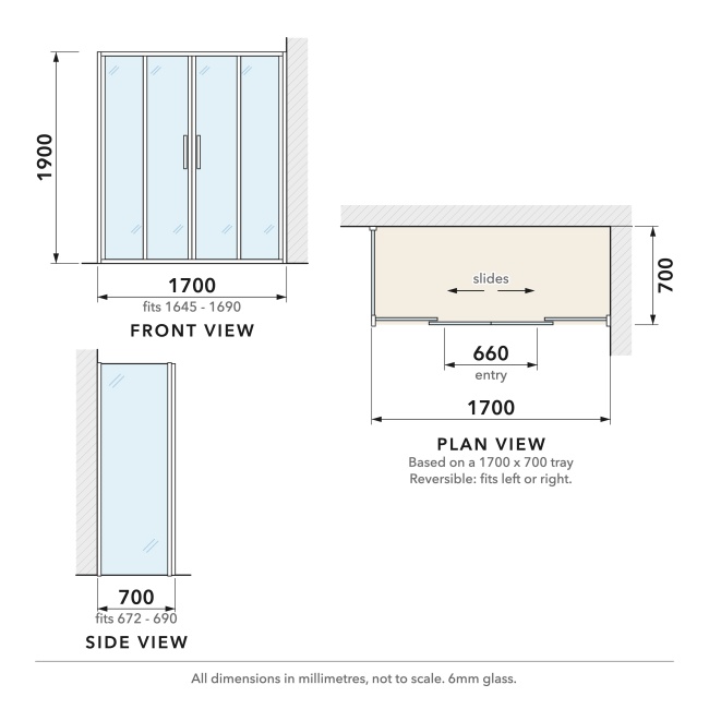 Delphi Calibre Chrome 6mm Double Sliding Door Shower Enclosure 1700mm x 700mm  | Dimension Image