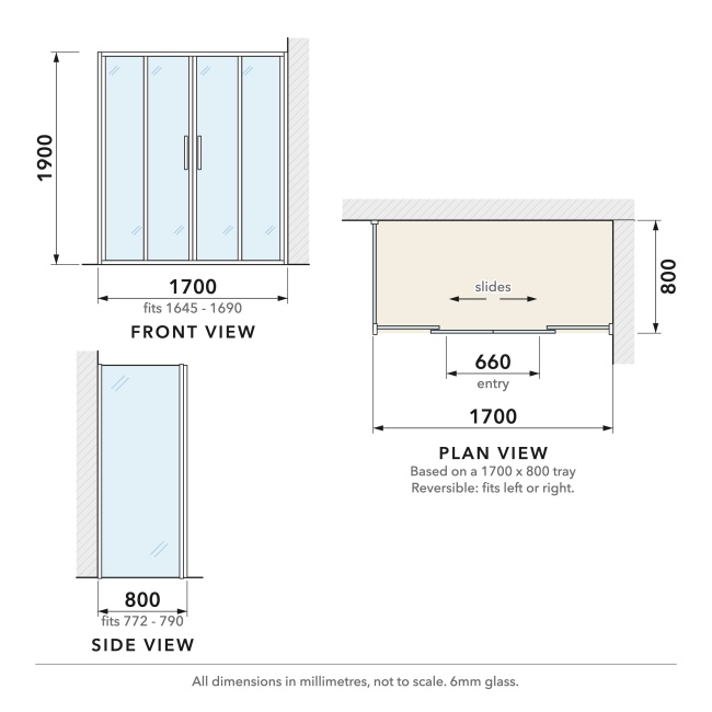 Delphi Calibre Chrome 6mm Double Sliding Door Shower Enclosure 1700mm x 800mm  | Dimension Image