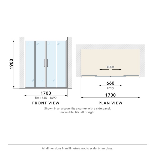 Delphi Calibre Chrome 6mm Double Sliding Shower Door 1700mm Wide  | Dimension Image